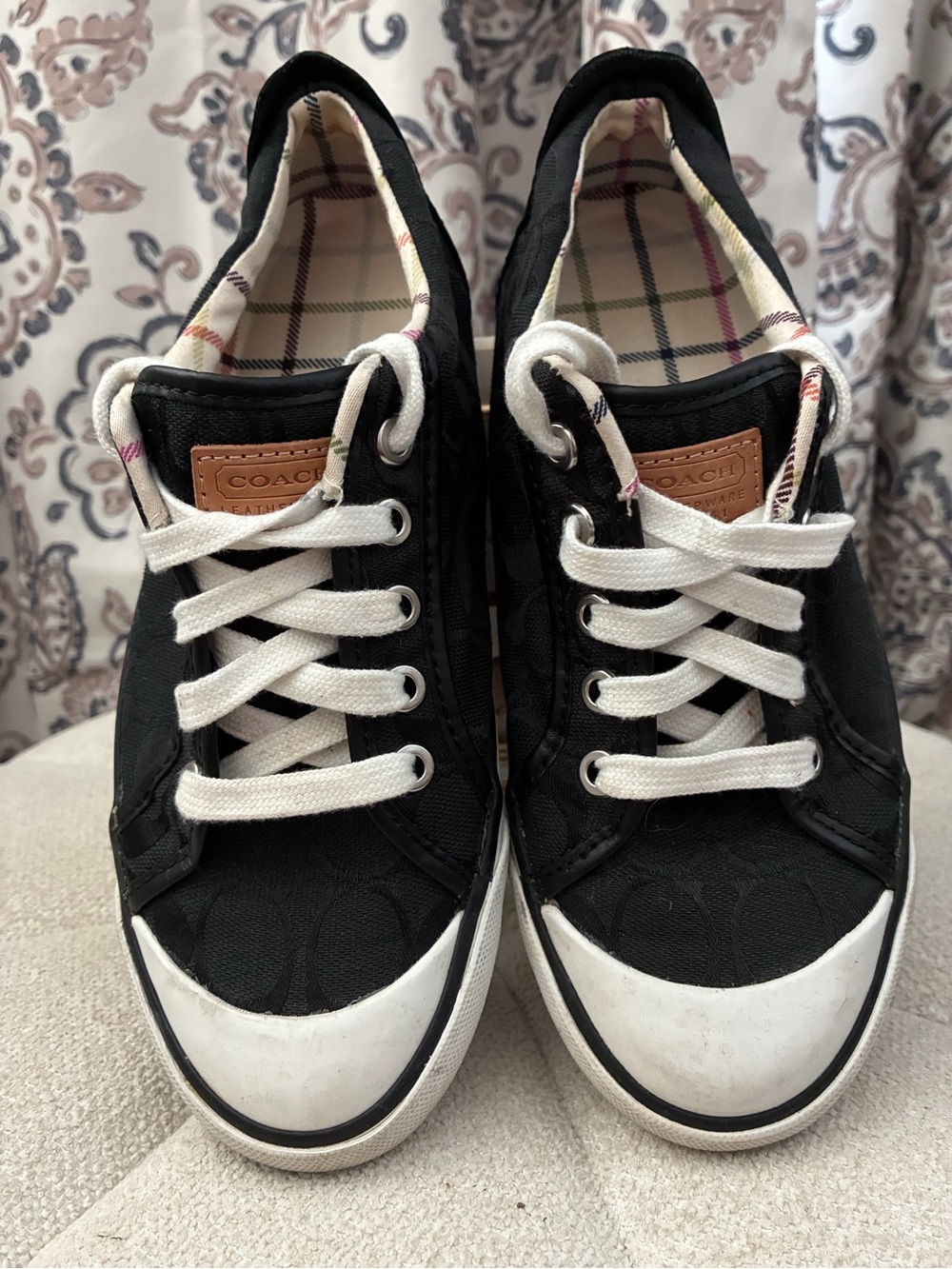 Coach Barrett Black Plaid Lined Low Top Sneaker with Black & White Trim